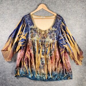 One World Velvet Velour Women Abstract Floral Print Tie Neck Top 3X Hippie Boho